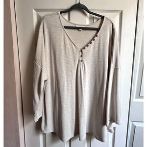 Pure Jill Womens 3X Oatmeal Heather Sand Washed Long Sleeve Henley Top